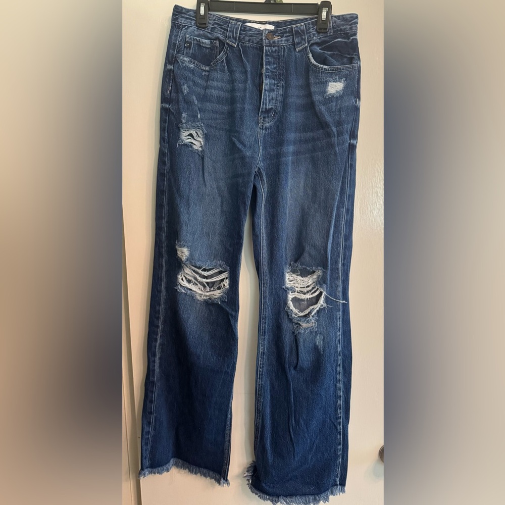 KanCan Blue Flare Wide Leg Jeans with Distressed Details